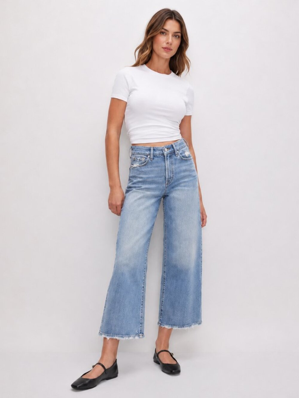 Good American Good Waist Palazzo Crop Jeans 2/26 Distressed Wide Leg